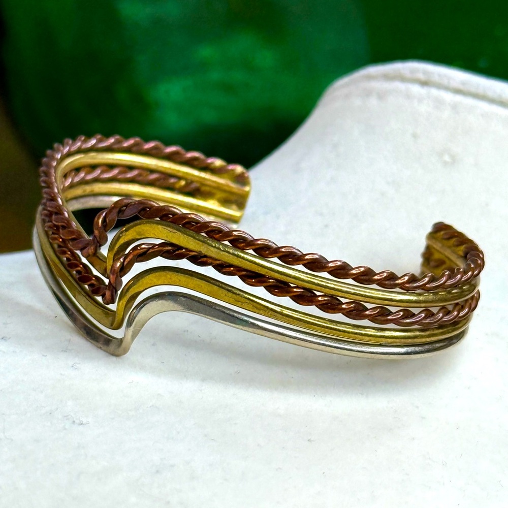 Mixed Metal Cuff Bracelet Copper Brass and Silver Tone Twisted Wire Design